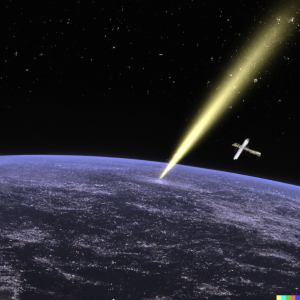 A HIMAR Rocket redirected to hit Kiev due to Russia cracking open the satellite's encryption. Image by Dall-E.